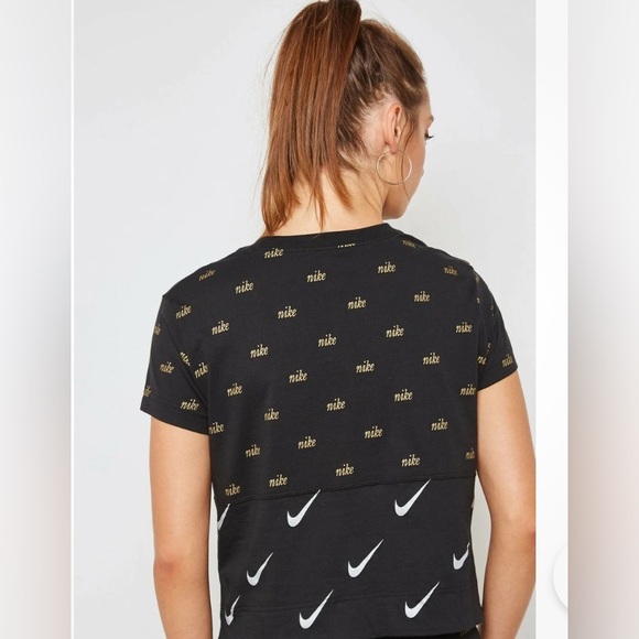 Nike metallic crop tee. Black w gold & white logo swoosh print. - Picture 3 of 7